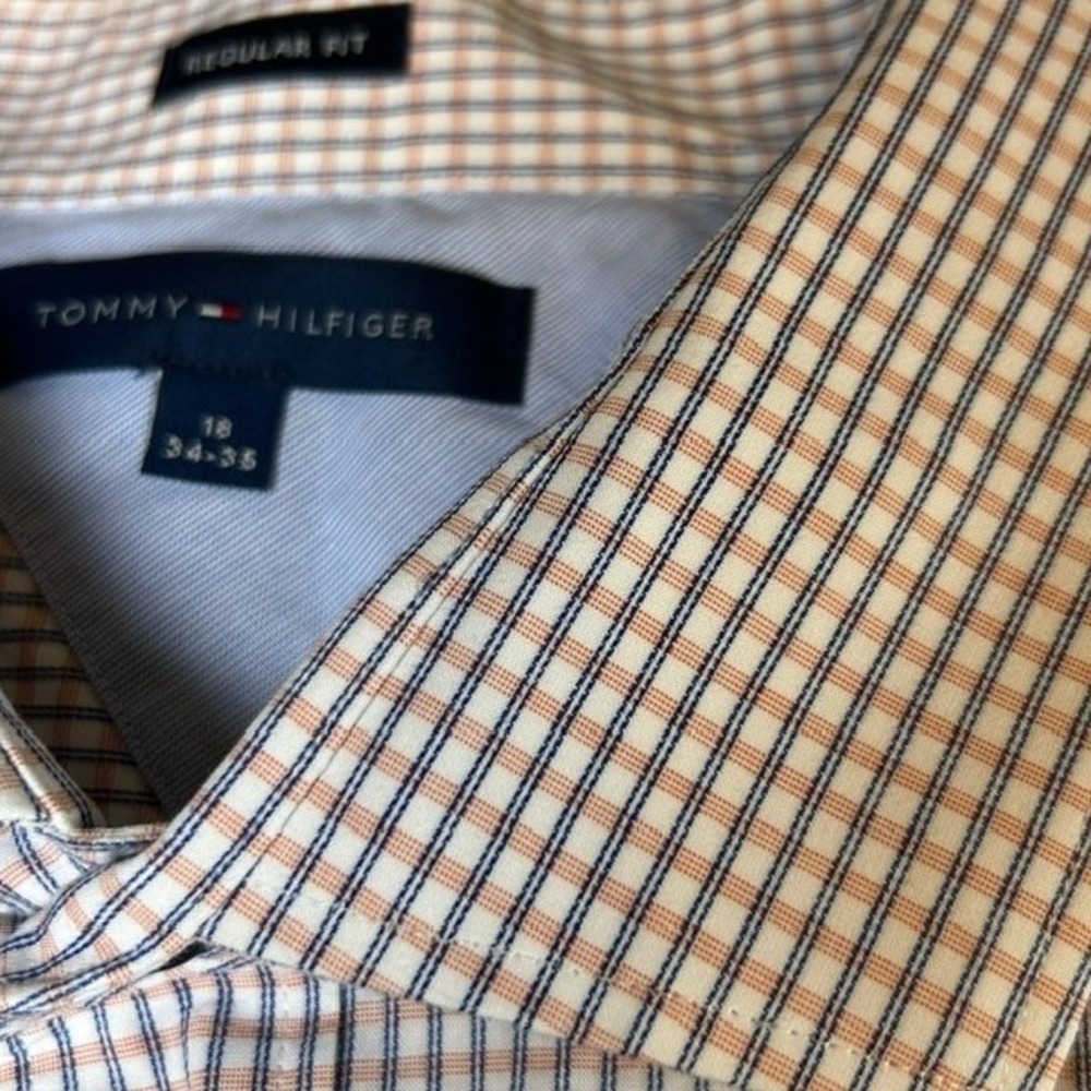 Tommy Hilfiger Men's Orange Blue White Plaid Long Sleeve Button Up Shirt 18